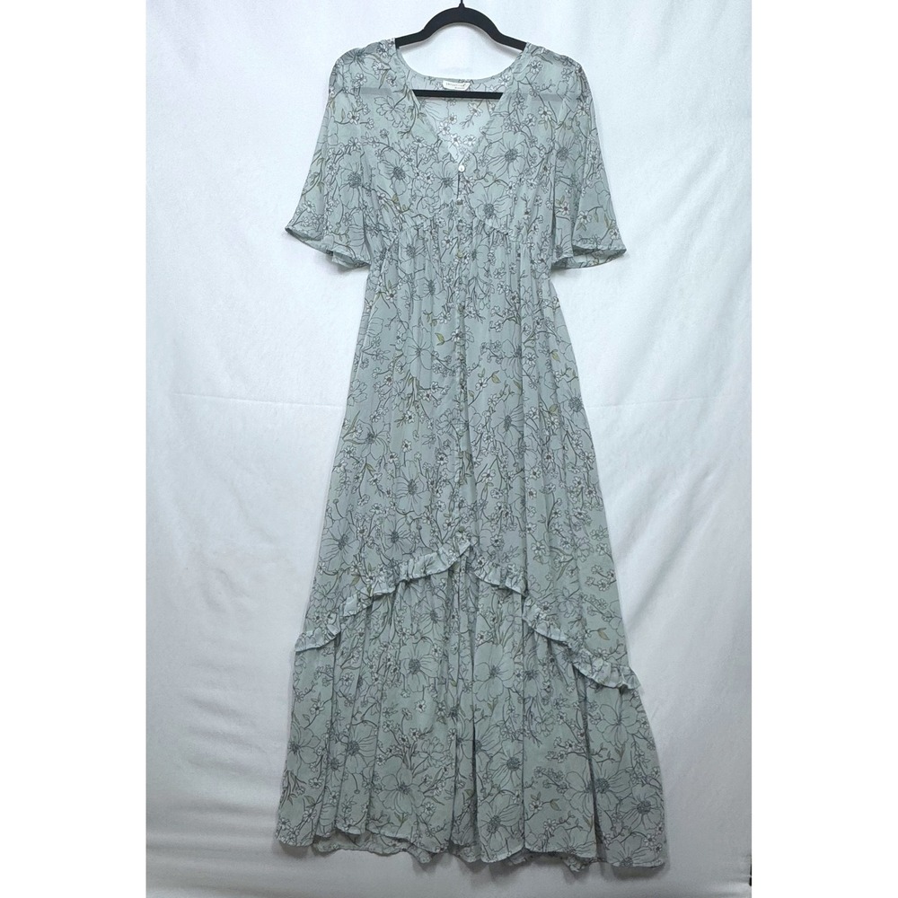 Love Stitch Sage Mint Floral High Low Maxi Dress Ruffle Small